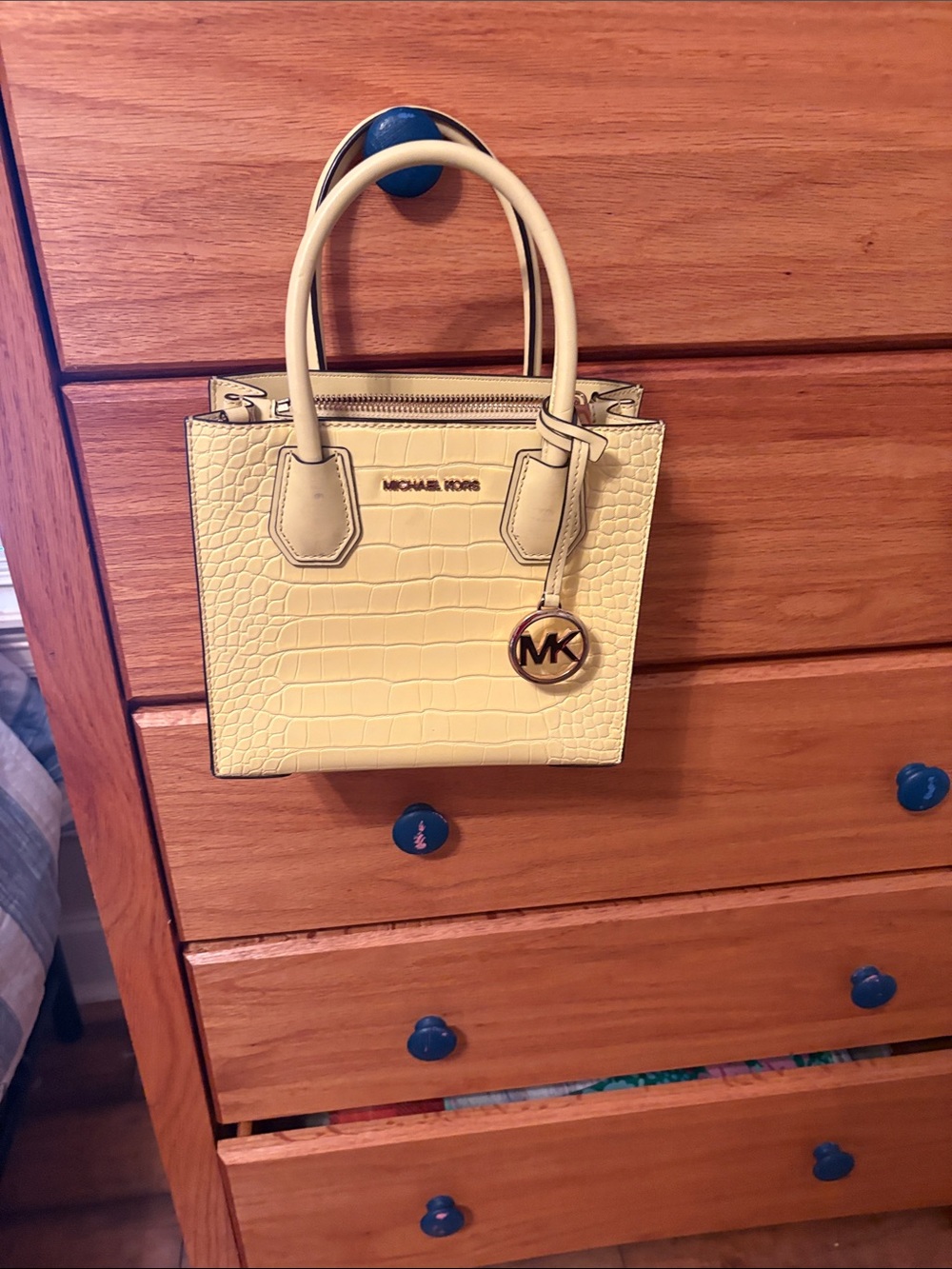 Michael Kors Pale Yellow Croc-Embossed Satchel with MK Charm